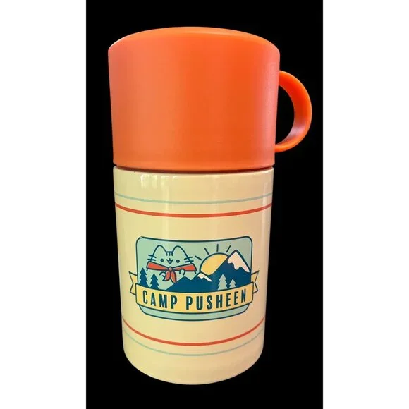 Pusheen Camp Cat BPA-Free Stainless Steel Food Jar With Orange Handle Lid Spoon - Picture 4 of 6